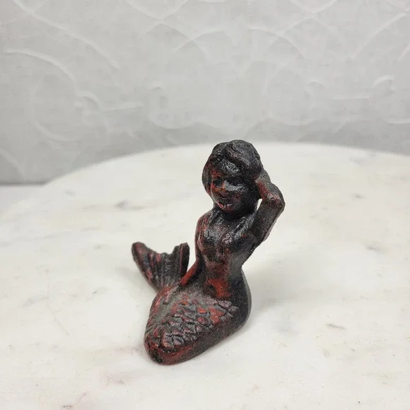 Vintage Heavy Cast Iron Mermaid Figurine 2.5" Nautical Coastal Decor Whimsigoth - Picture 3 of 10